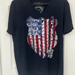 Express Black Tee with Flag and Faces Design